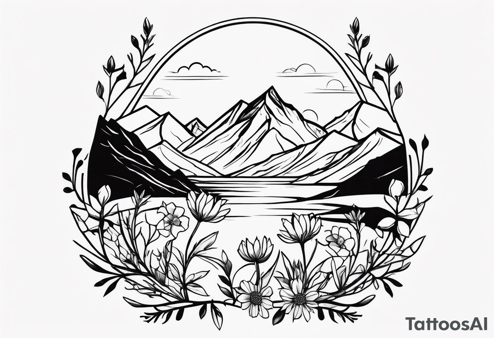 Minimalist, wild flowers, mountains tattoo idea