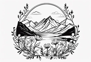 Minimalist, wild flowers, mountains tattoo idea