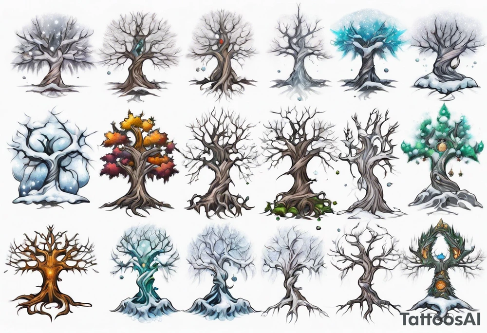 Snowy fantasy tree tattoo idea