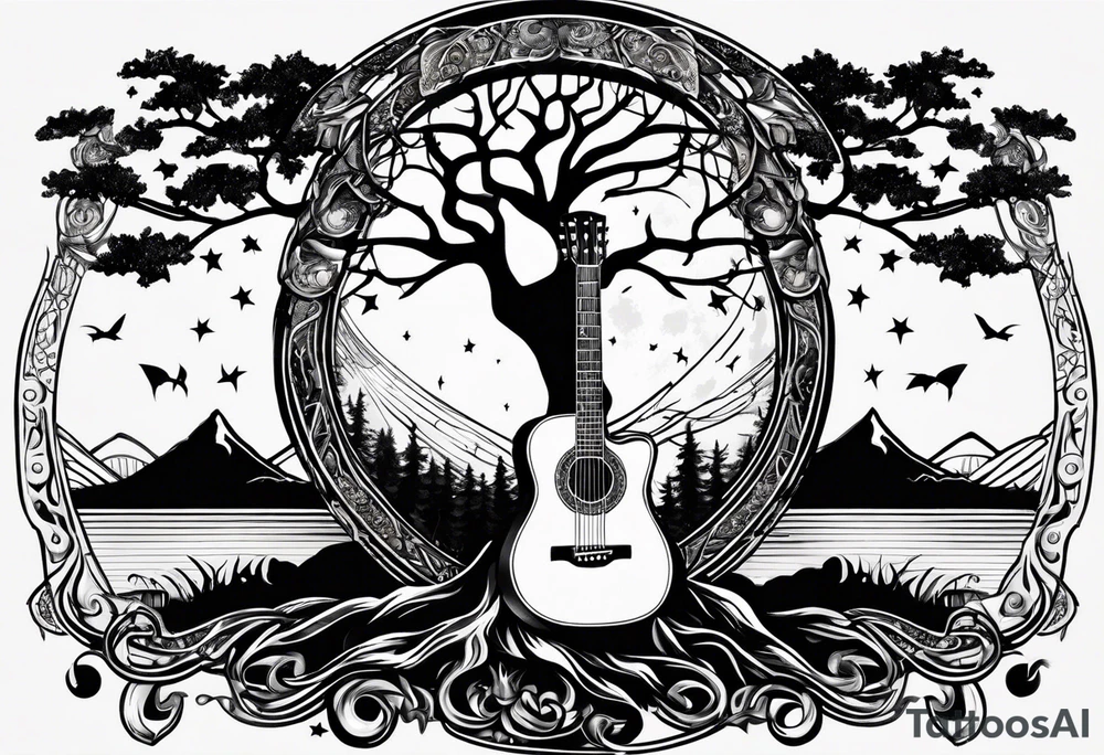 Guitar design moon tree campfire tattoo idea