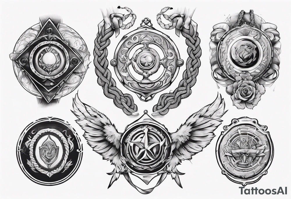 arm holding medallion with rope tattoo idea