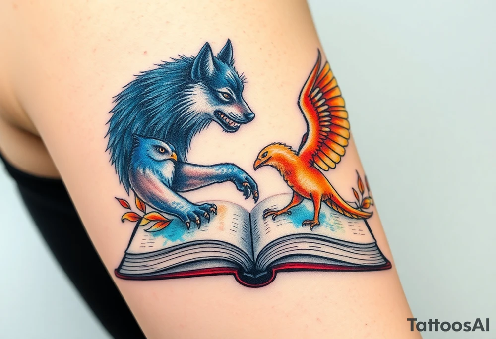 An open book with a werewolf, an owl & a dragon and a phoenix flying/running around the book tattoo idea