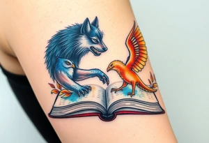 An open book with a werewolf, an owl & a dragon and a phoenix flying/running around the book tattoo idea