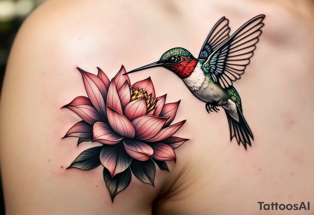 hummingbird drinking lotus flower, egyptian theme. Red and black colors only tattoo idea