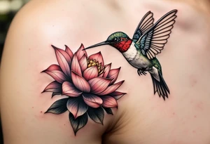 hummingbird drinking lotus flower, egyptian theme. Red and black colors only tattoo idea