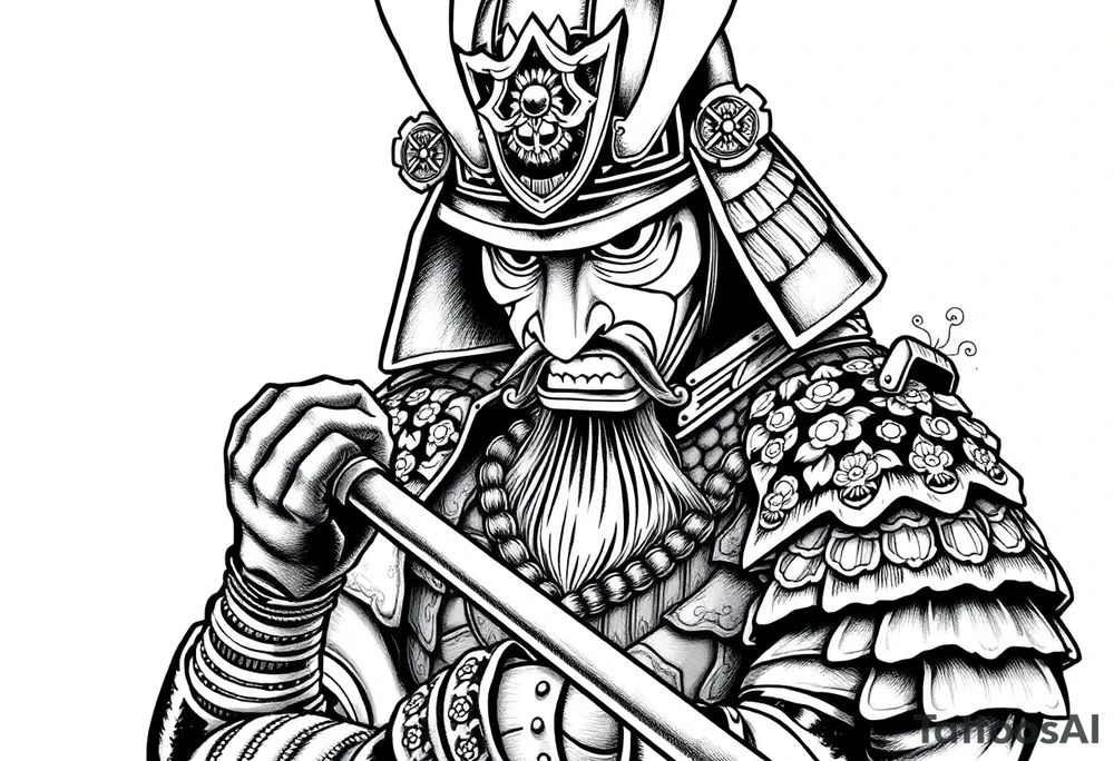 Japanese samurai warrior tattoo, highly detailed armor and helmet, traditional katana sword, intense warrior expression, ornamental patterns, bold linework, black and grey ink style, ink wash shading, centered layout, designed for forearm tattoo with future full sleeve expansion, minimal background ratio 2:3 vertical tattoo idea