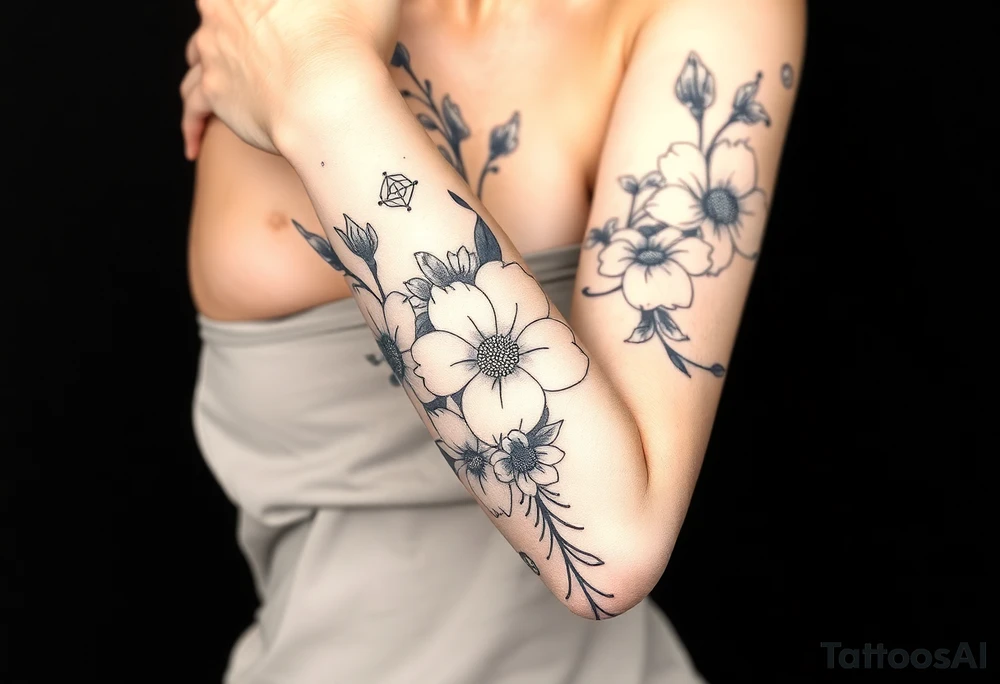 floral composition with japanese vibe, mutiple ornemental patern and leaf, dot geometric ornement, lycoris tattoo idea