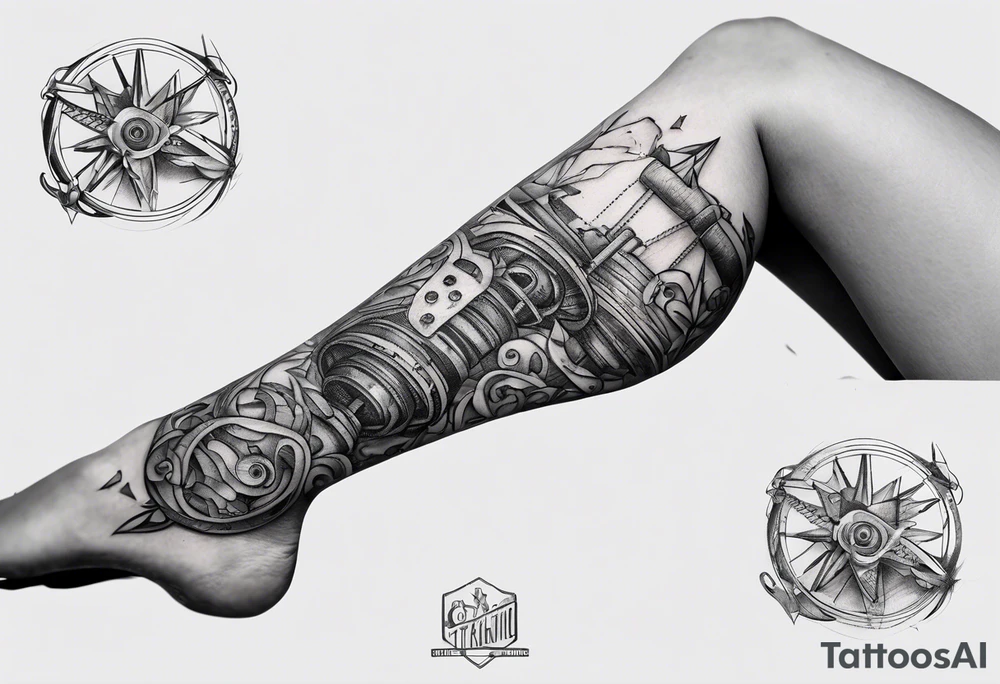 Broken suspension components inside human leg tattoo idea