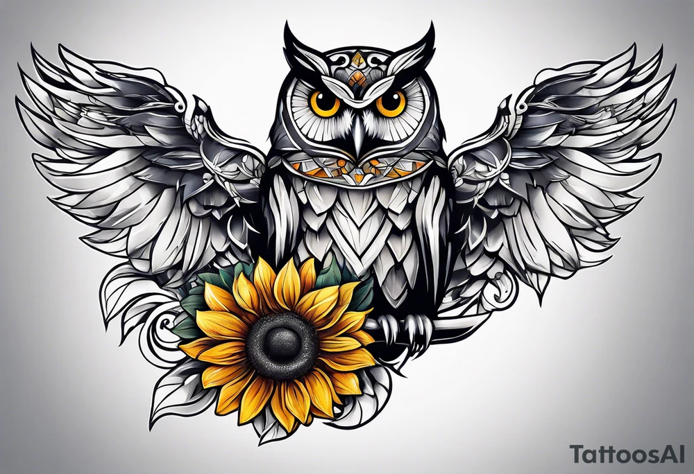 Owl and sunflower sleeve tattoo idea