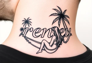 The name reney surrounded by tropical scenery with palm trees and a girl with long hair in a hammock tattoo idea