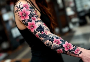 Japanese-Inspired Sakura Sleeve – A full arm sleeve with vibrant pink blossoms, bold black branches, and traditional elements like waves, smoke, and clouds, all done in a classical Irezumi style. tattoo idea