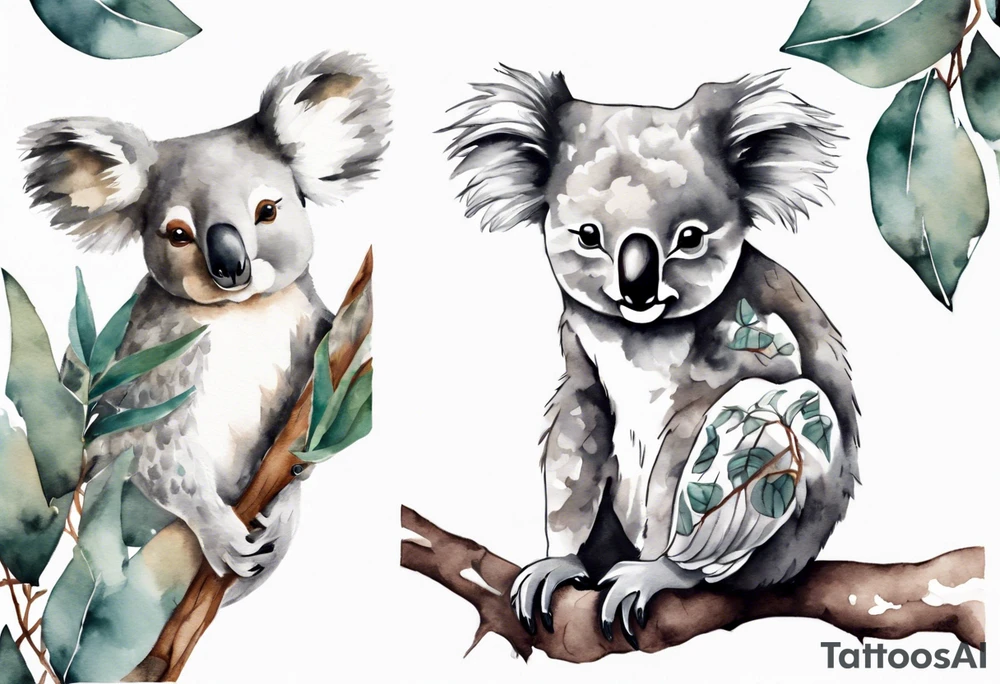 A koala with a kookaburra sitting on a eucalyptus tree tattoo idea A koala with a kookaburra sitting on a eucalyptus tree tattoo idea