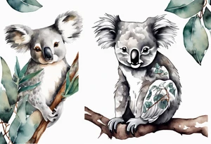 A koala with a kookaburra sitting on a eucalyptus tree tattoo idea