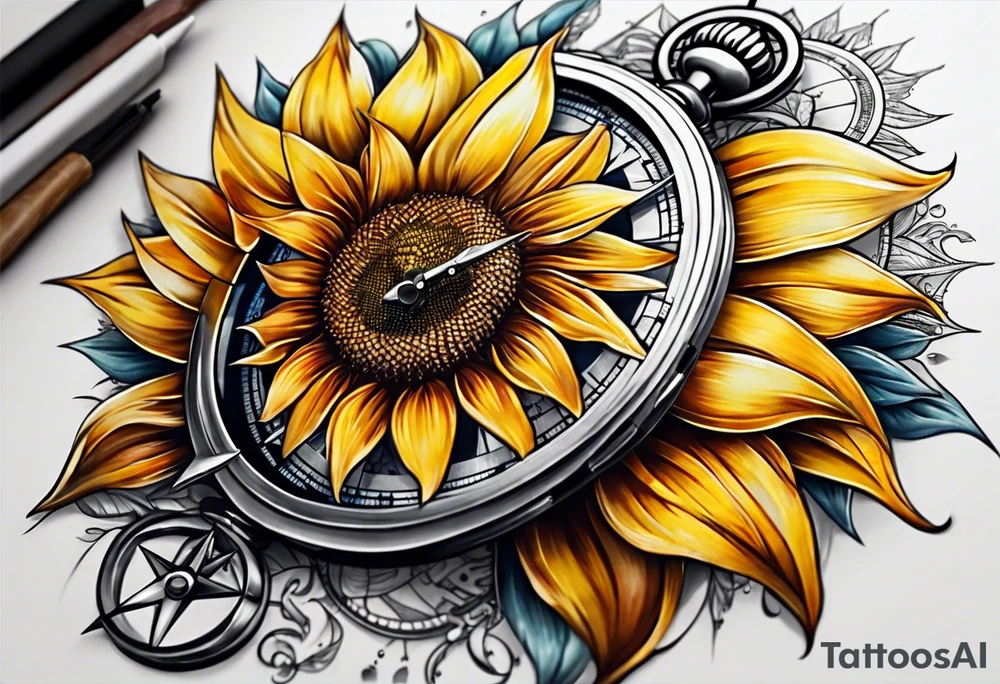 Sunflower next to a compass tattoo idea