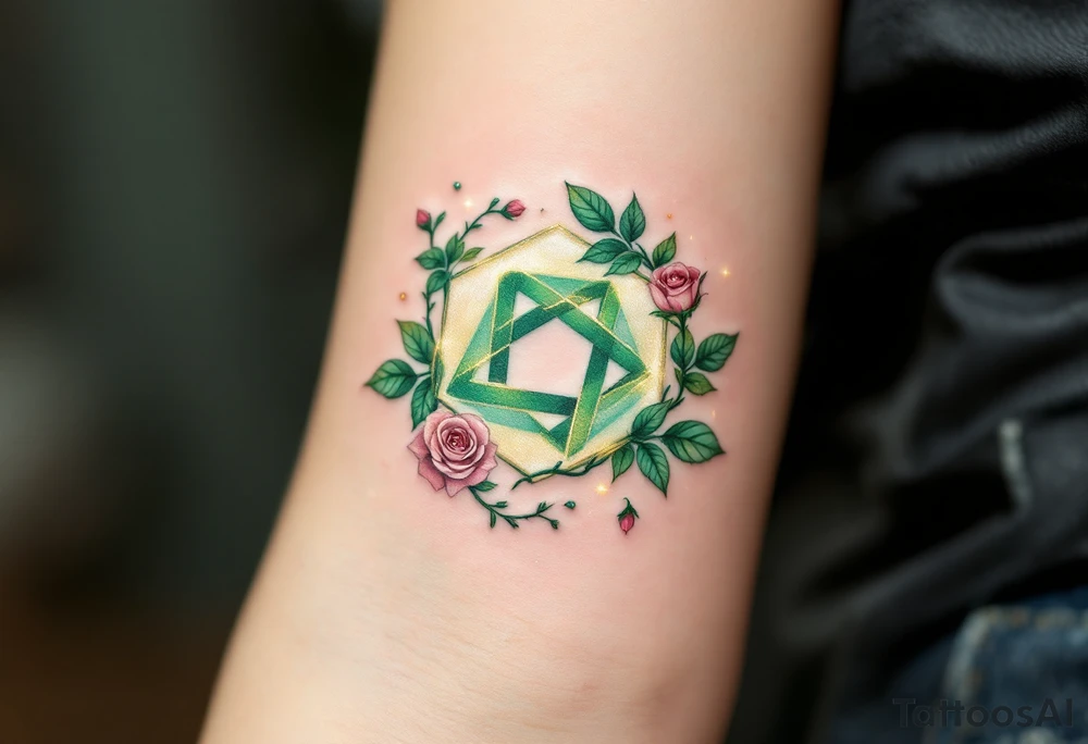 An earthy green geometrical rune of love, surrounded by vines and soft rose petals, emphasizing love’s growth and beauty. The symbol’s glowing edges represent love’s nurturing energy, with light golden highlights that make it appear as if it’s alive. tattoo idea