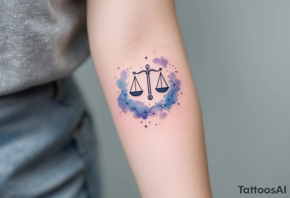 Soft watercolor shades of blue and lavender cradle the Libra star constellation pattern beneath a minimalist zodiac symbol tattoo idea