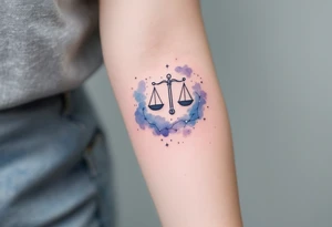 Soft watercolor shades of blue and lavender cradle the Libra star constellation pattern beneath a minimalist zodiac symbol tattoo idea