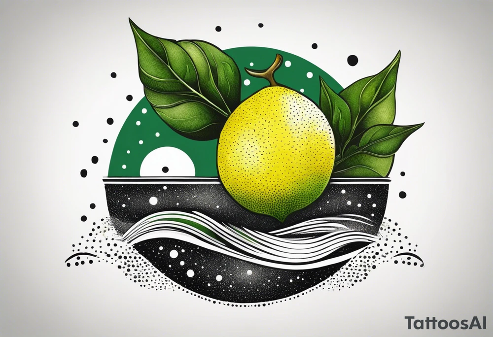 A lemon-Buoy with a green leaf-flag bobs on choppy waves tattoo idea