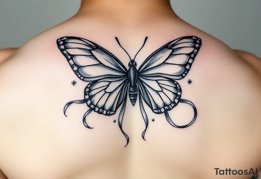 ethereal butterfly with flowing silk ribbons in moonlight tattoo idea