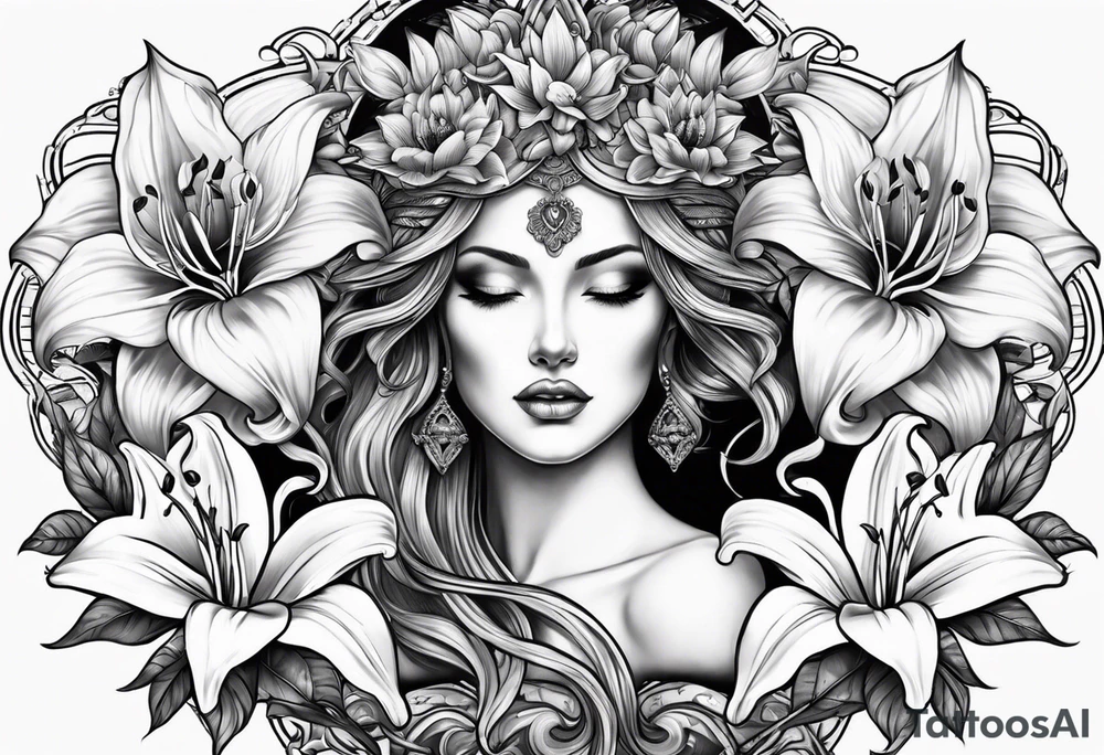 Skulls, lilies, the goddess Mara tattoo idea