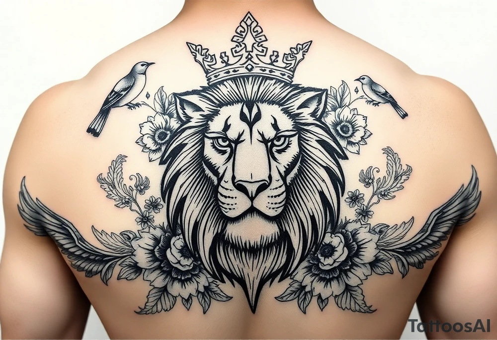 powerful majestic lion with a crown, surrounded by floral ornaments and birds tattoo idea