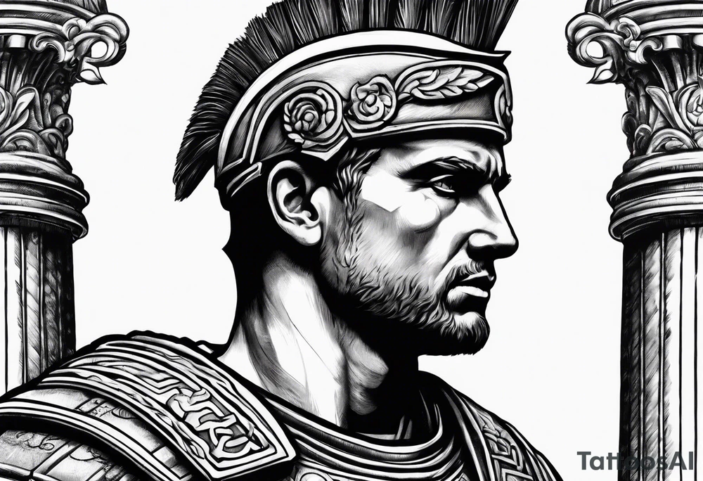 close of of Roman solider looking at distant pillars tattoo idea