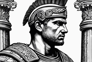 close of of Roman solider looking at distant pillars tattoo idea