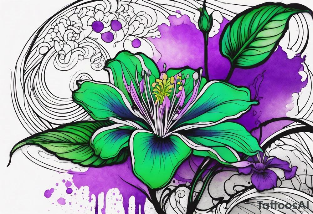 A mystical outline of a green with a bit of purple rio dipladenia flower and a green and purple watercolor splash in the background tattoo idea