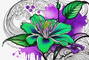 A mystical outline of a green with a bit of purple rio dipladenia flower and a green and purple watercolor splash in the background tattoo idea