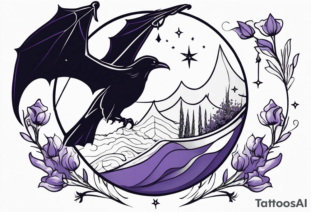 a fantasy book. a high flying dragon. A fallen pawn. a cluster of lavender. a sword with a bee. A raven. Stars and crescent moon. tattoo idea