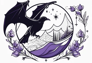 a fantasy book. a high flying dragon. A fallen pawn. a cluster of lavender. a sword with a bee. A raven. Stars and crescent moon. tattoo idea