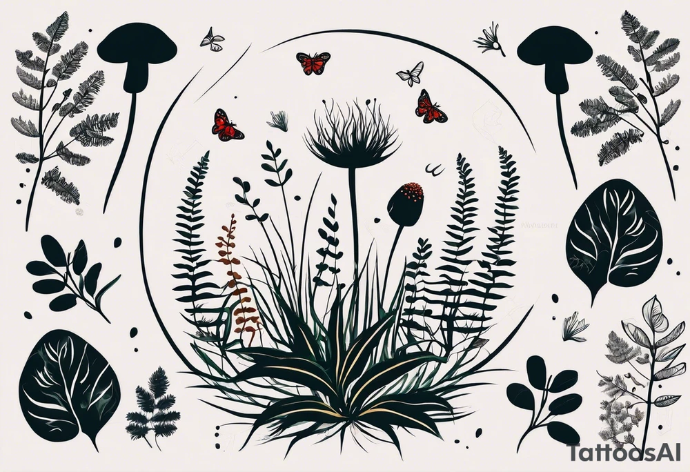 forest floor inspired minimalist tattoo, which includes grass, curly ferns and dead leaves as the bulk of the tattoo. details to include: three very tiny strawberries, a tiny bumblebee flying nearby, three small brown mushrooms
Generate a vertically long one tattoo idea