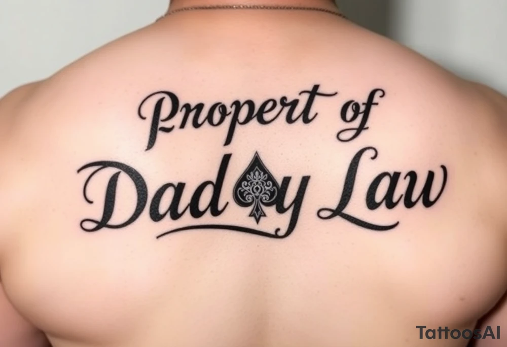 Lettering in calligraphy/cursive that says:
Property of
Daddy Law

Somewhere in there a queen of spades. Could be in the "a" in the Daddy or Law but just want it somewhere in there
tattoo is going to be for a thicker female on their lower back area tattoo idea