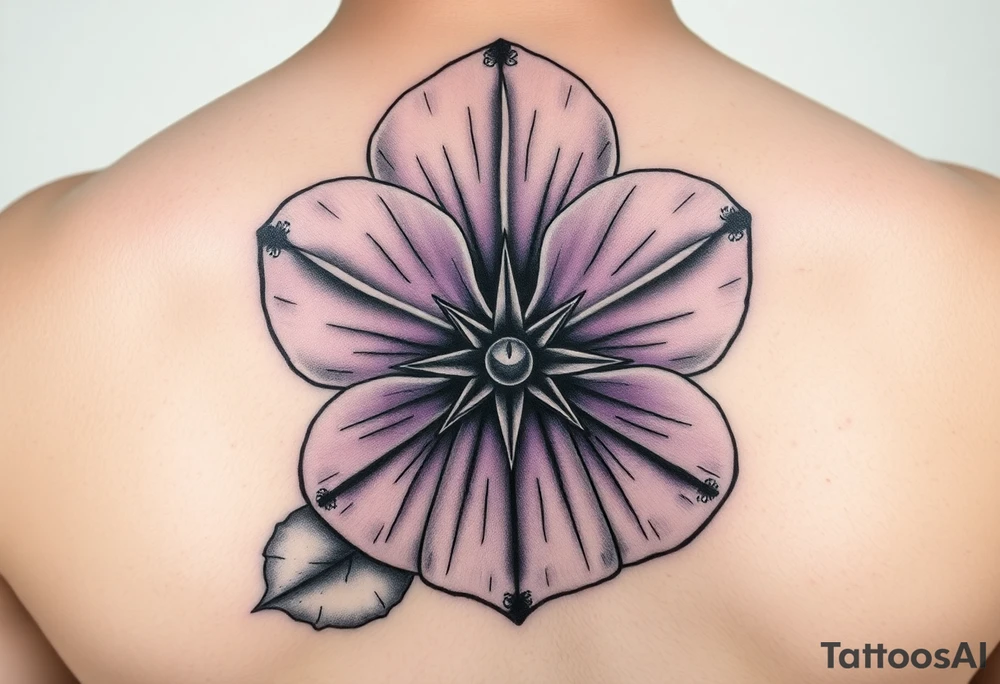 detailed realist single African violet with a clear compass rose at its center representing growth and feminine strength should also feature an ankh or Celtic knot tattoo idea