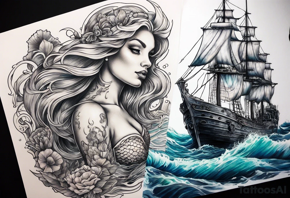 mermaid swimming next to a ghost ship tattoo idea