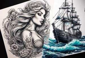 mermaid swimming next to a ghost ship tattoo idea