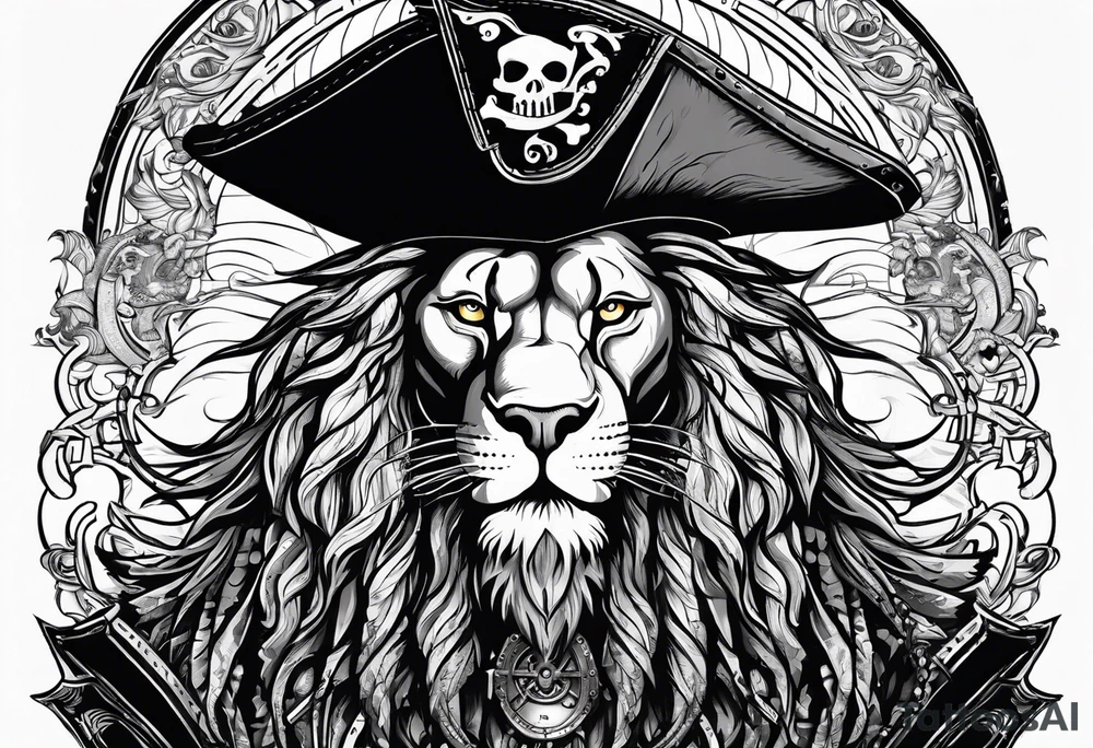 Pirate lion wearing jacket, sword and pistol, nautical steampunk theme. dreadlocks. pirate vessel tattoo idea