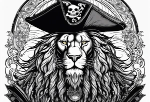 Pirate lion wearing jacket, sword and pistol, nautical steampunk theme. dreadlocks. pirate vessel tattoo idea