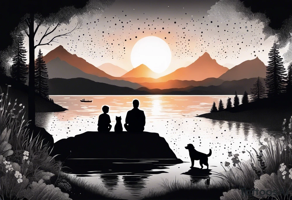 nature, sunset, mountains, a father and son sitting with their dog and cat 
by the water tattoo idea