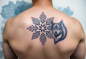 A white snowflake on Blue watercolor backround with two wolf siblings tattoo idea