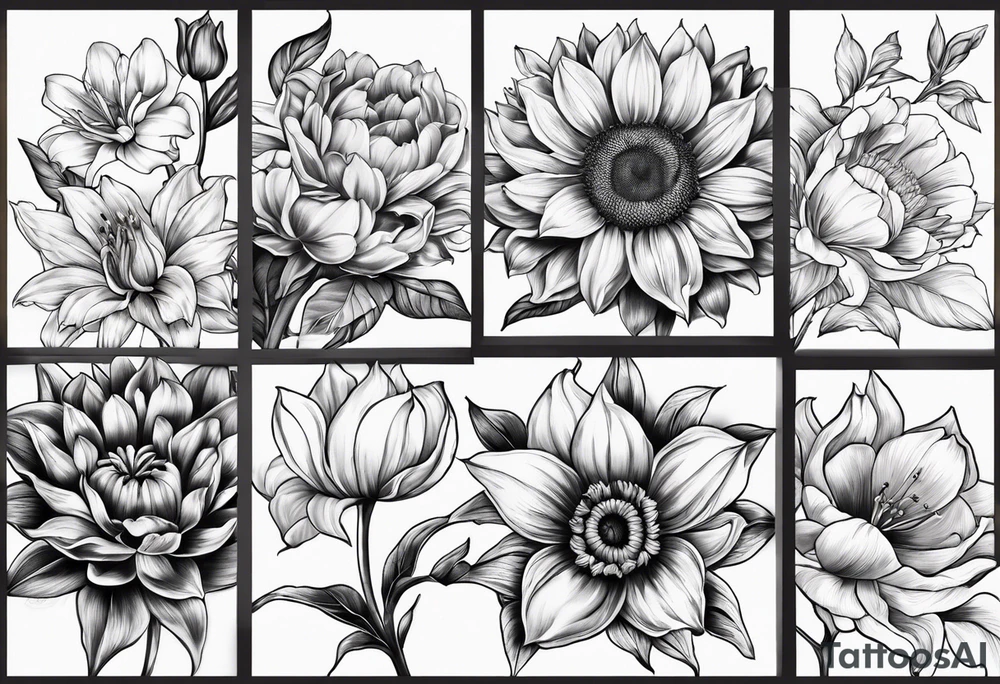 sunflower, lily, peony, cherry blossom and tulip tattoo idea