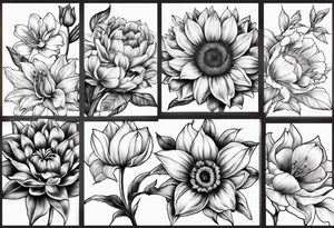 sunflower, lily, peony, cherry blossom and tulip tattoo idea