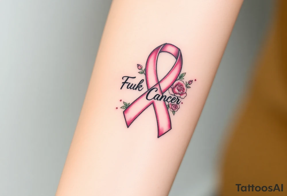 Breast Cancer ribbon that says "Fuck Cancer"with light pink roses tattoo idea