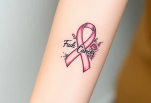 Breast Cancer ribbon that says "Fuck Cancer"with light pink roses tattoo idea