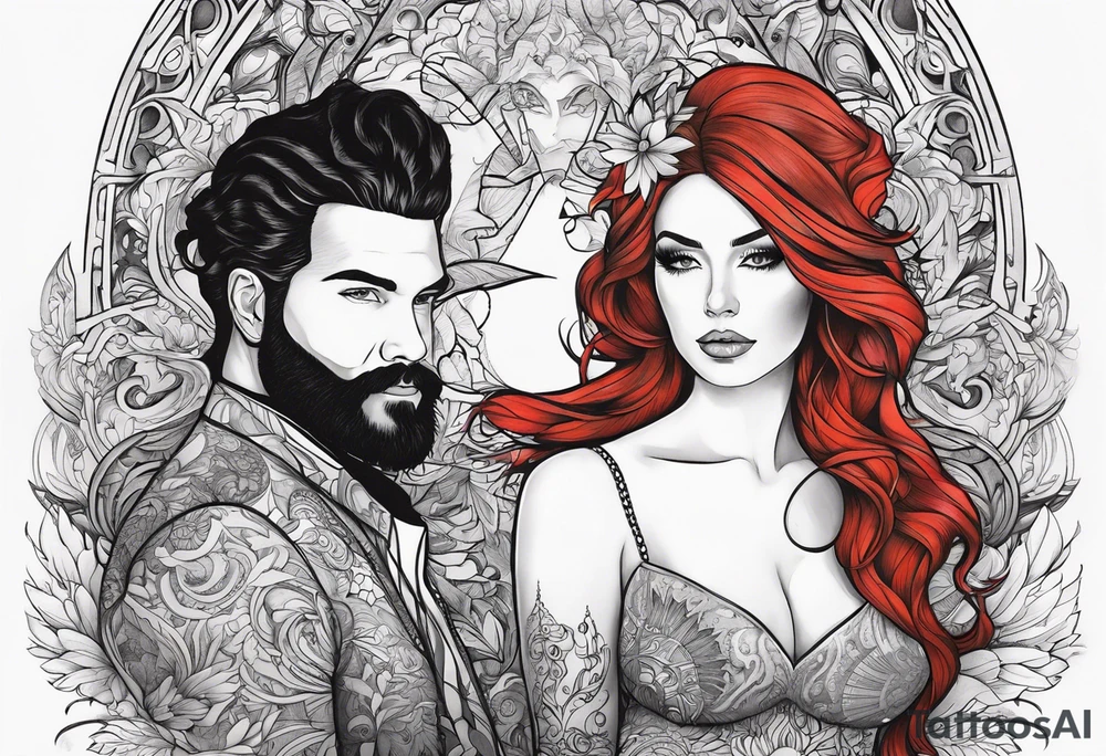 Busty red haired woman with a bearded man who has black hair tattoo idea