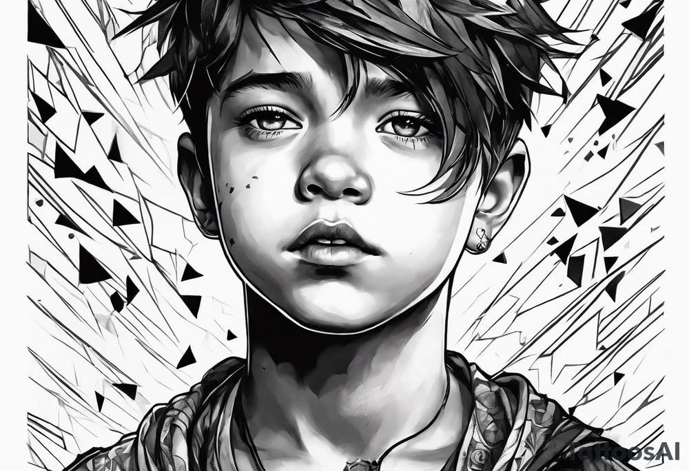 boy looking up into the sky, the boy is made of broken pieces tattoo idea