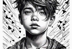 boy looking up into the sky, the boy is made of broken pieces tattoo idea