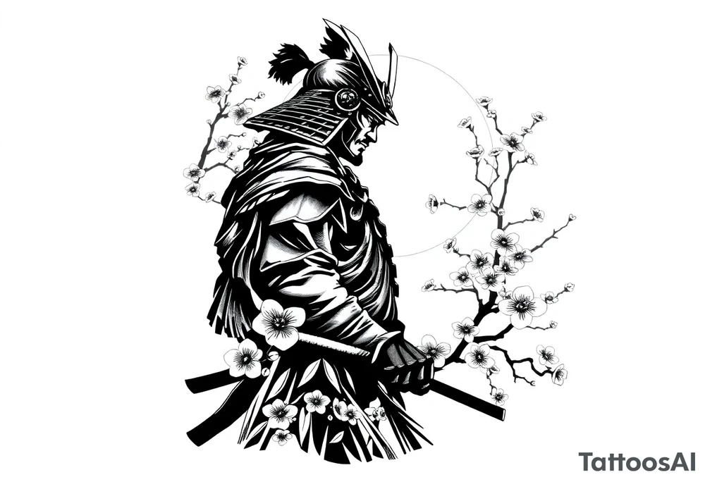 noble samurai warrior silhouette at sunset with cherry blossoms tattoo idea