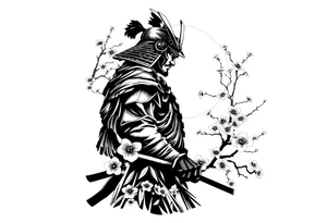 noble samurai warrior silhouette at sunset with cherry blossoms tattoo idea