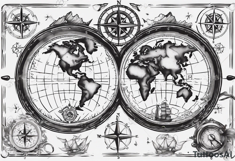 World map with a ship and compass tattoo idea